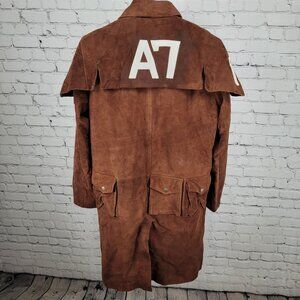 Real Leather A7 Brown Genuine Soft Suede Open Ranger Trench Coat Duster Large L